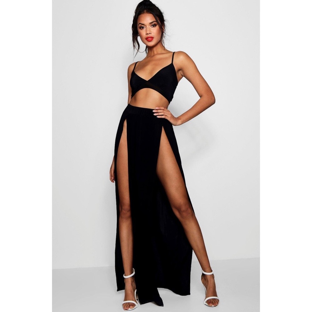 Black slit maxi skirt set